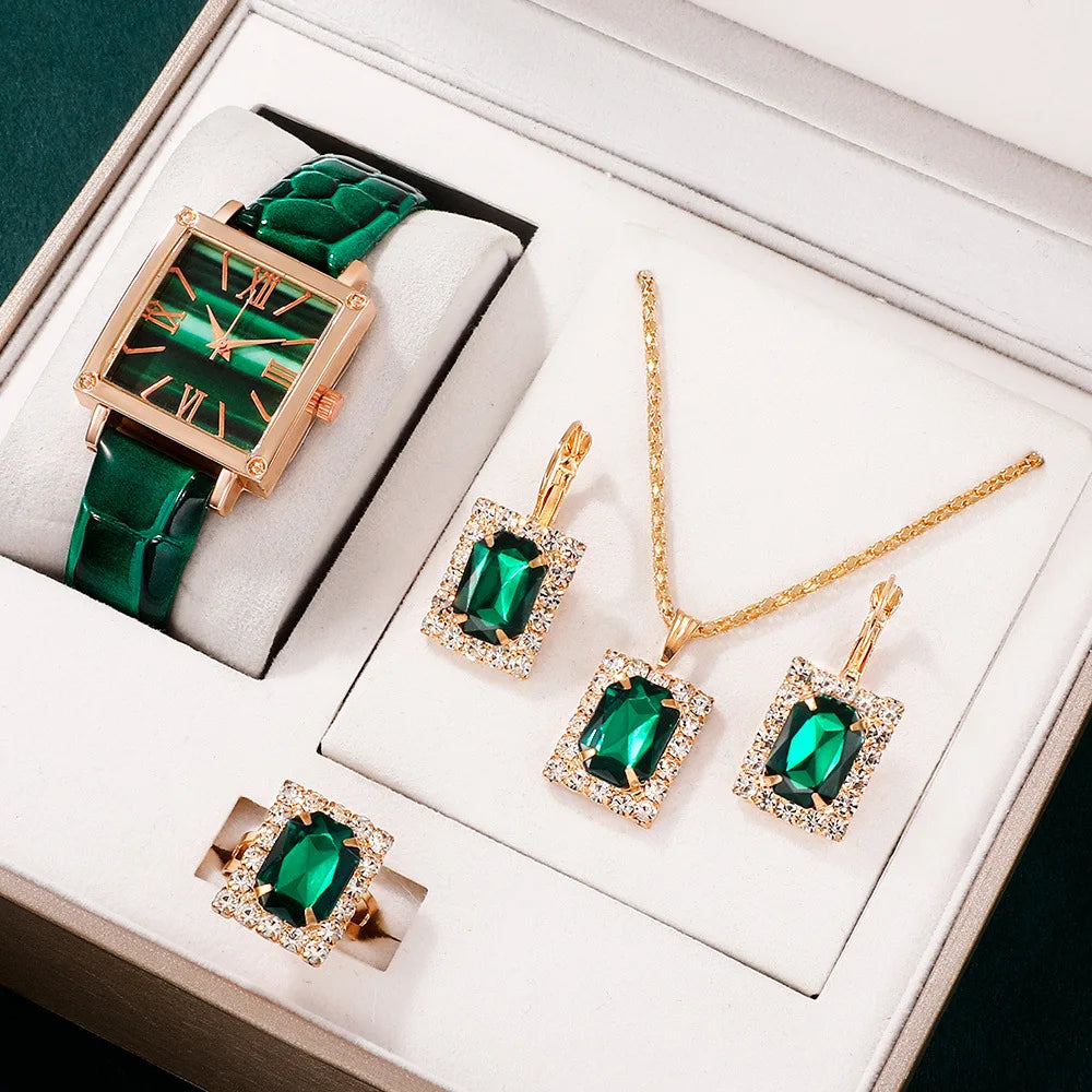 5pcs/set Women's Watch Vintage Square Pointer Quartz Watch Analog Green Wrist Watch & Rhinestone Jewelry Set, Gift for Mom Her
