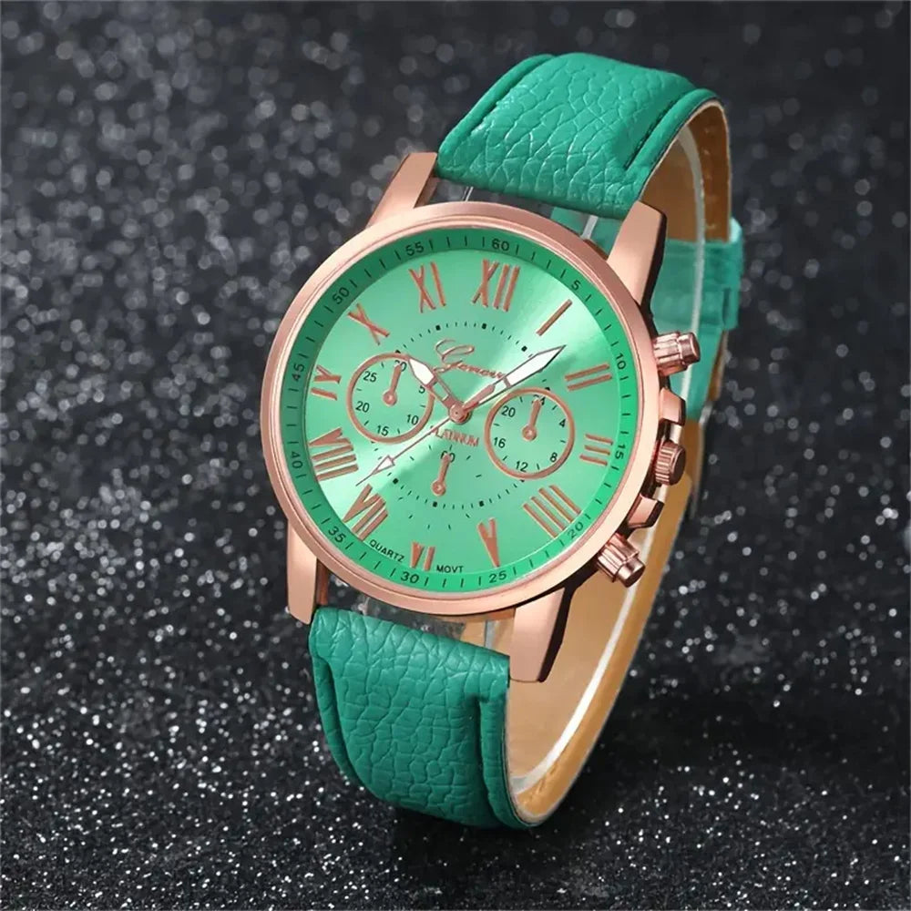 5PCS Women's Watches Fashion Roma Dial Leather Band Quartz Watch（Without Box