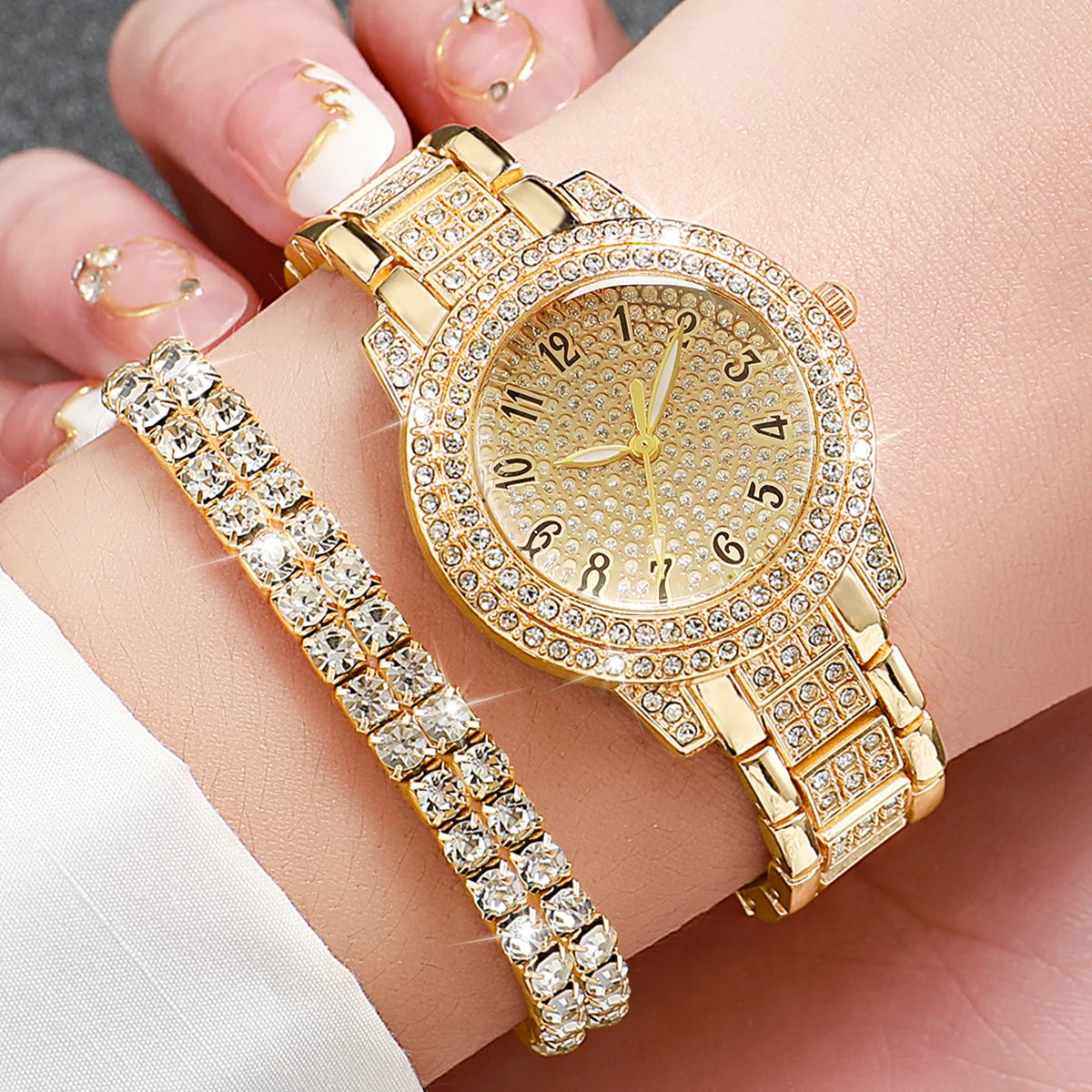 6PCS Fashion Full Diamond Women's Watch Gold Steel Band Analog Quartz Watches Jewelry Set（Without Box）