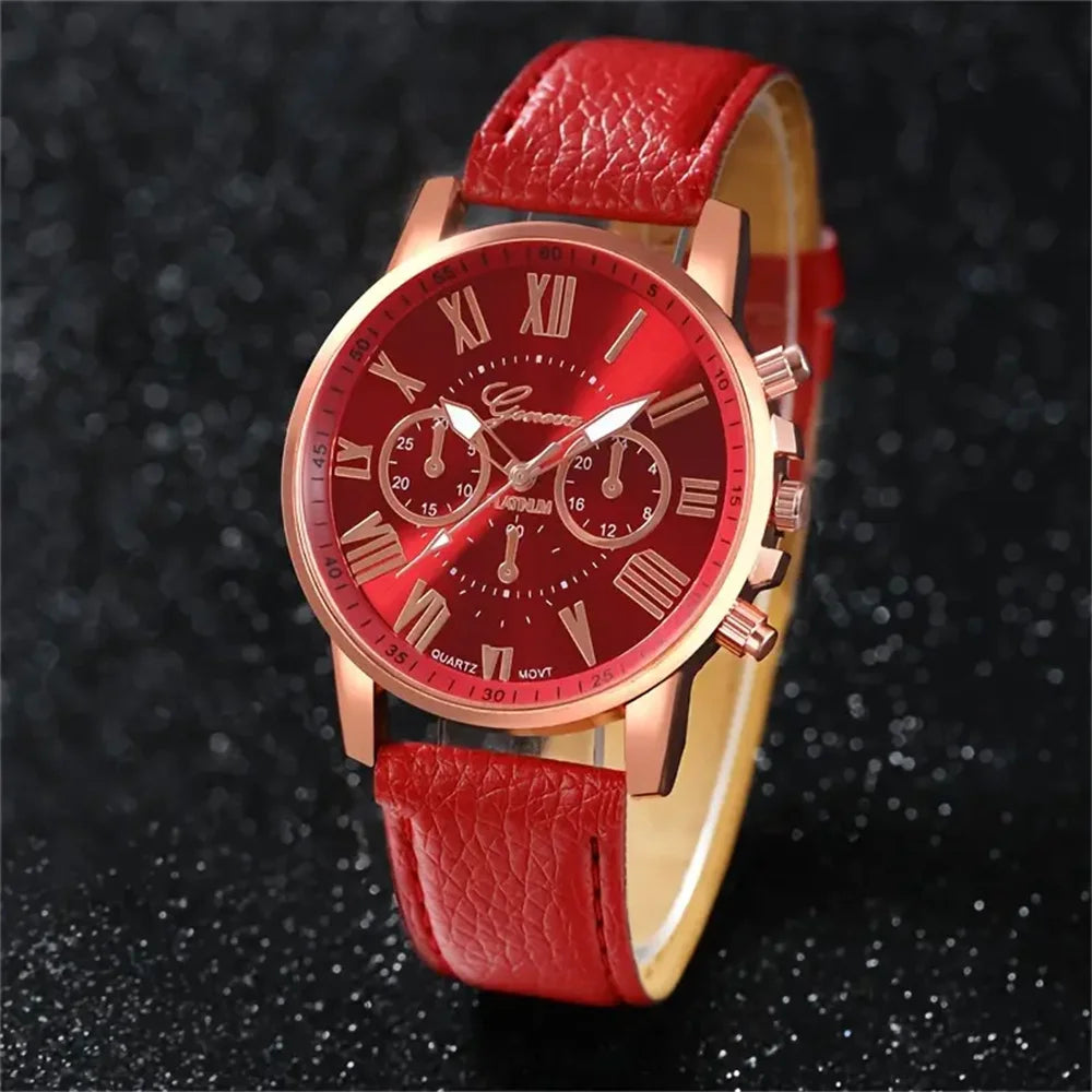 5PCS Women's Watches Fashion Roma Dial Leather Band Quartz Watch（Without Box