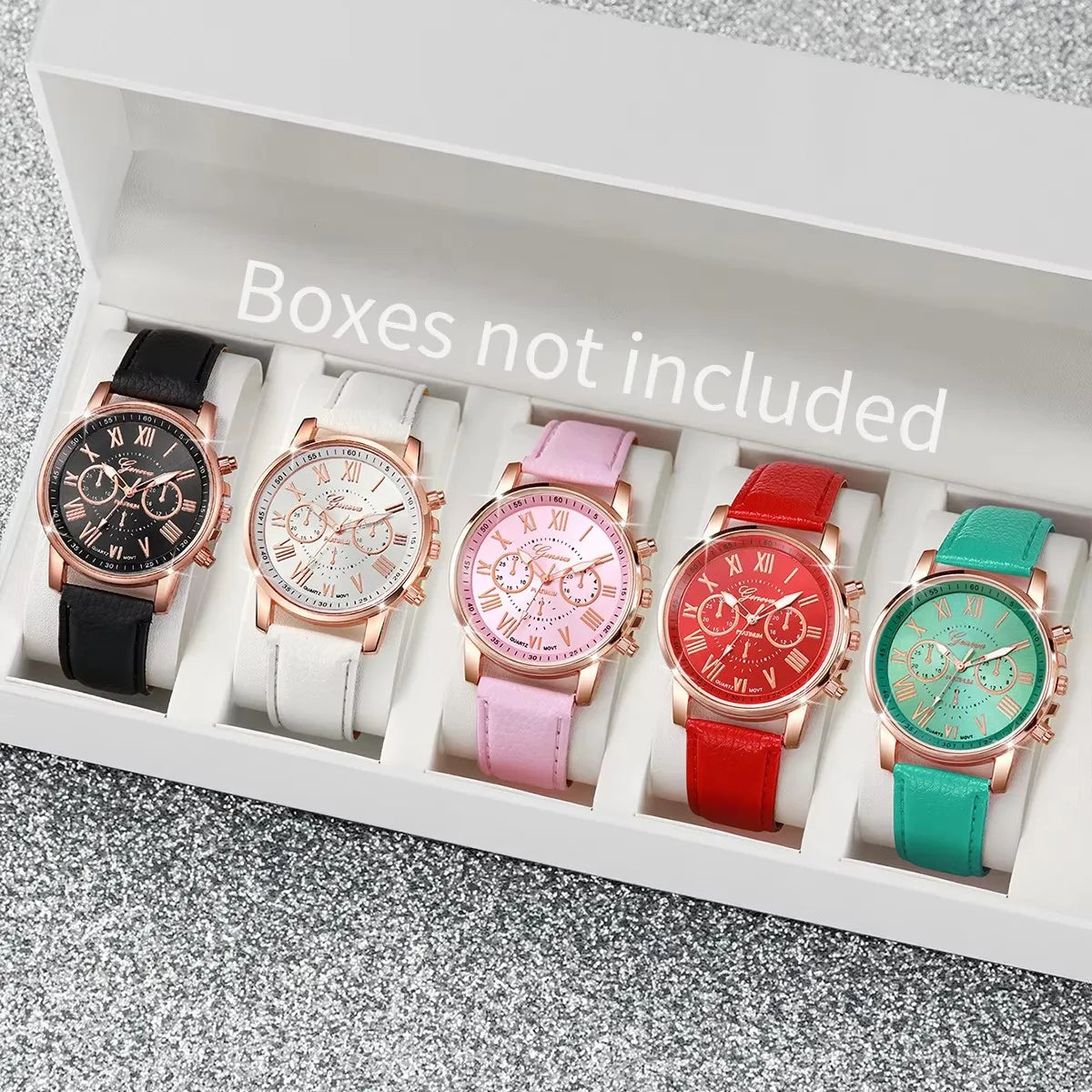 5PCS Women's Watches Fashion Roma Dial Leather Band Quartz Watch（Without Box