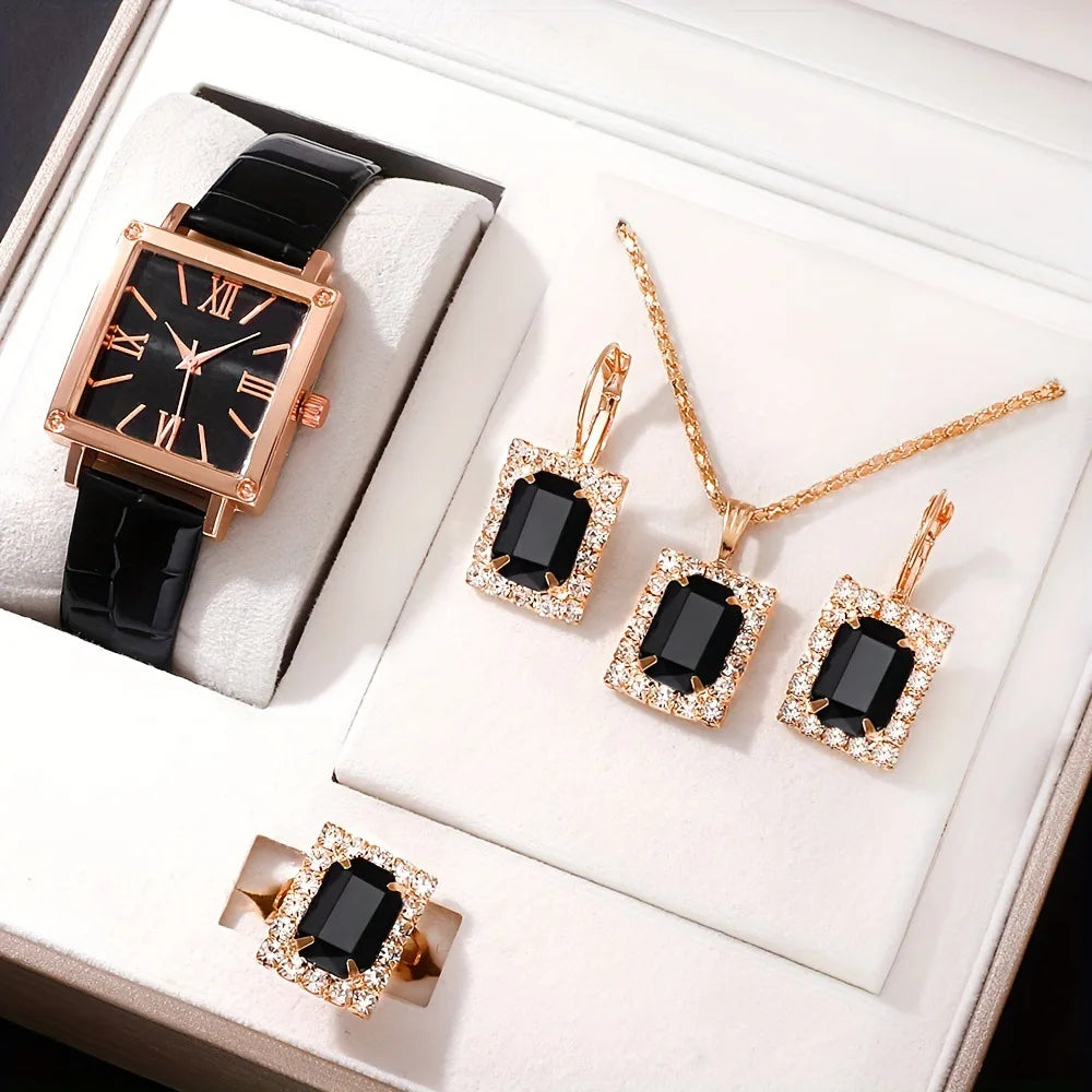 5pcs/set Women's Watch Vintage Square Pointer Quartz Watch Analog Green Wrist Watch & Rhinestone Jewelry Set, Gift for Mom Her