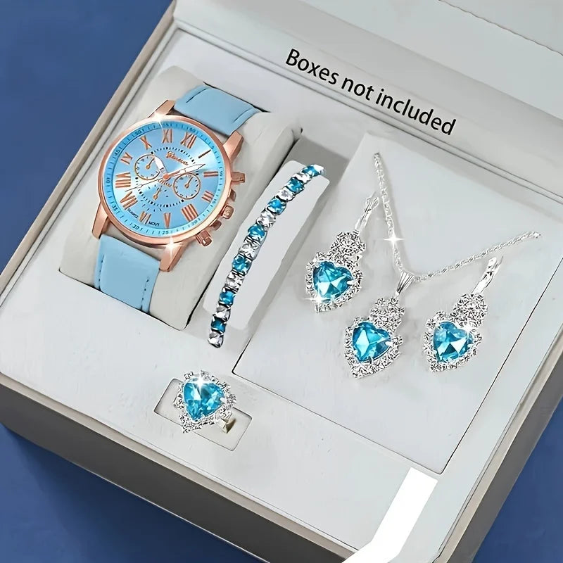 Fashion quartz watch and jewelry set, shock resistant circular analog digital display, PU leather strap, zinc alloy case
