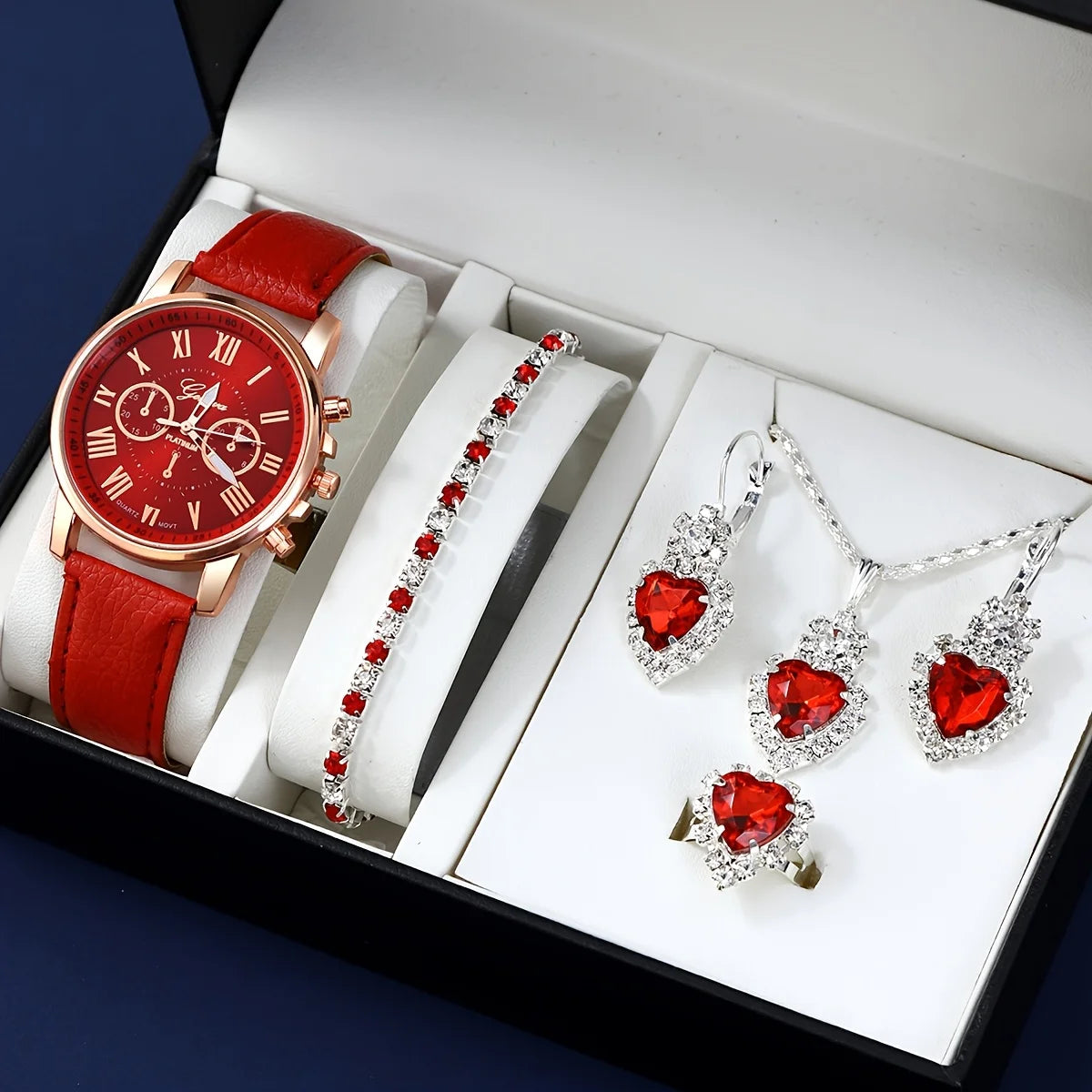 Fashion quartz watch and jewelry set, shock resistant circular analog digital display, PU leather strap, zinc alloy case